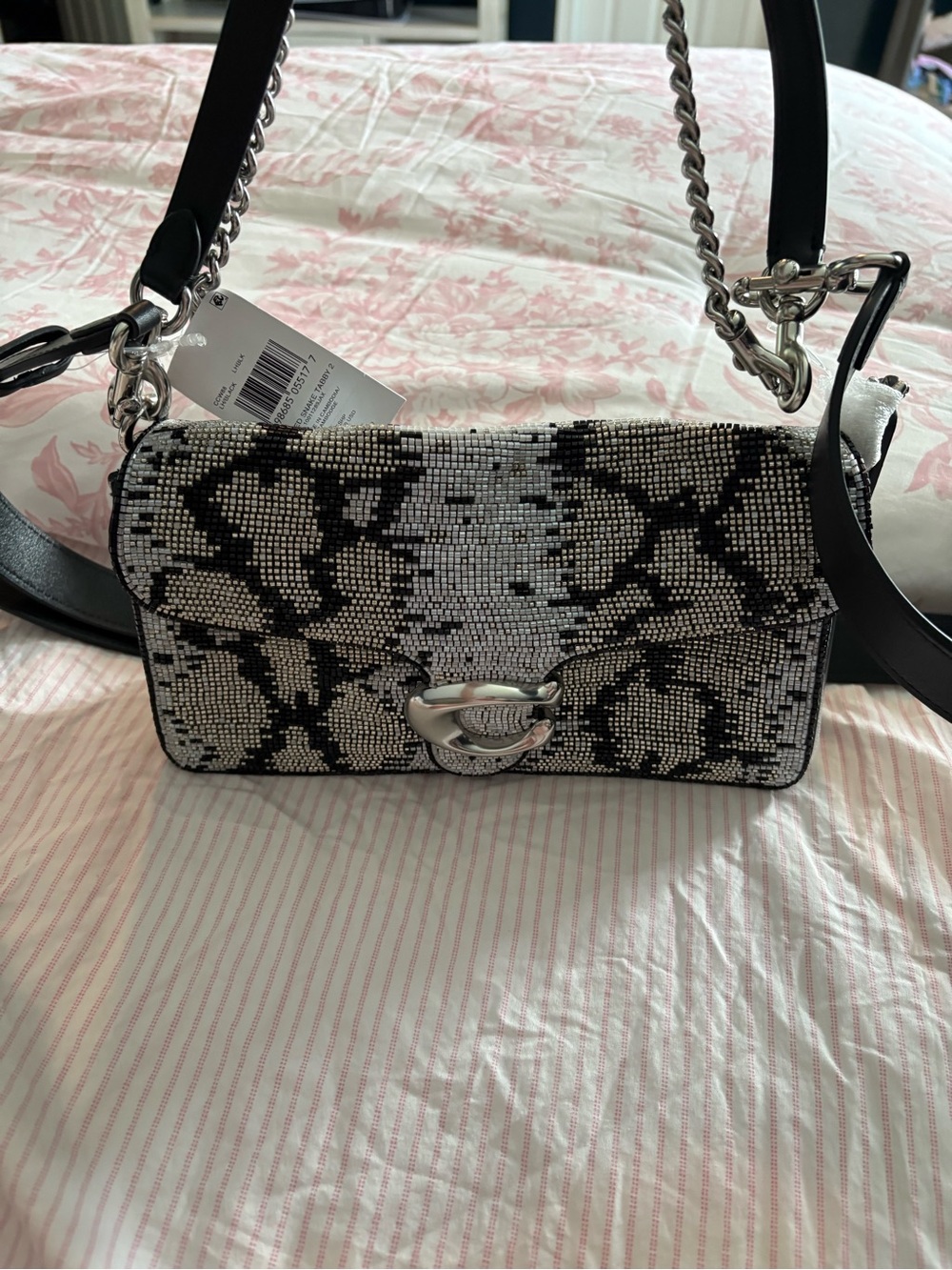 Coach Black and White Beaded Snake-Print Crossbody